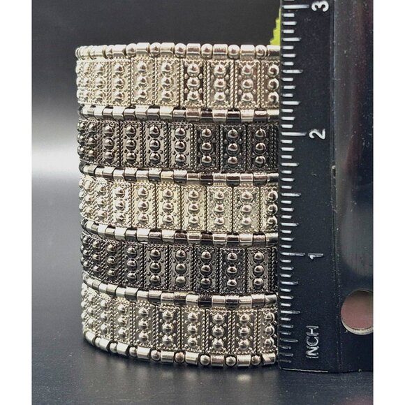 Wide Bracelet Chunky Silver & Black Tone Stretch One Size Rocker Punk - Picture 6 of 6